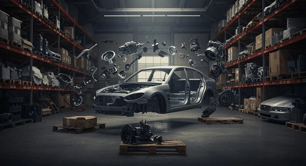 Close-up image of small car parts including brake pads, spark plugs, fuel injectors, alternator, starter motor, oil filter, air filter, timing belt, radiator cap, ignition coil, sensors, and gaskets arranged for automotive repair and replacement.
